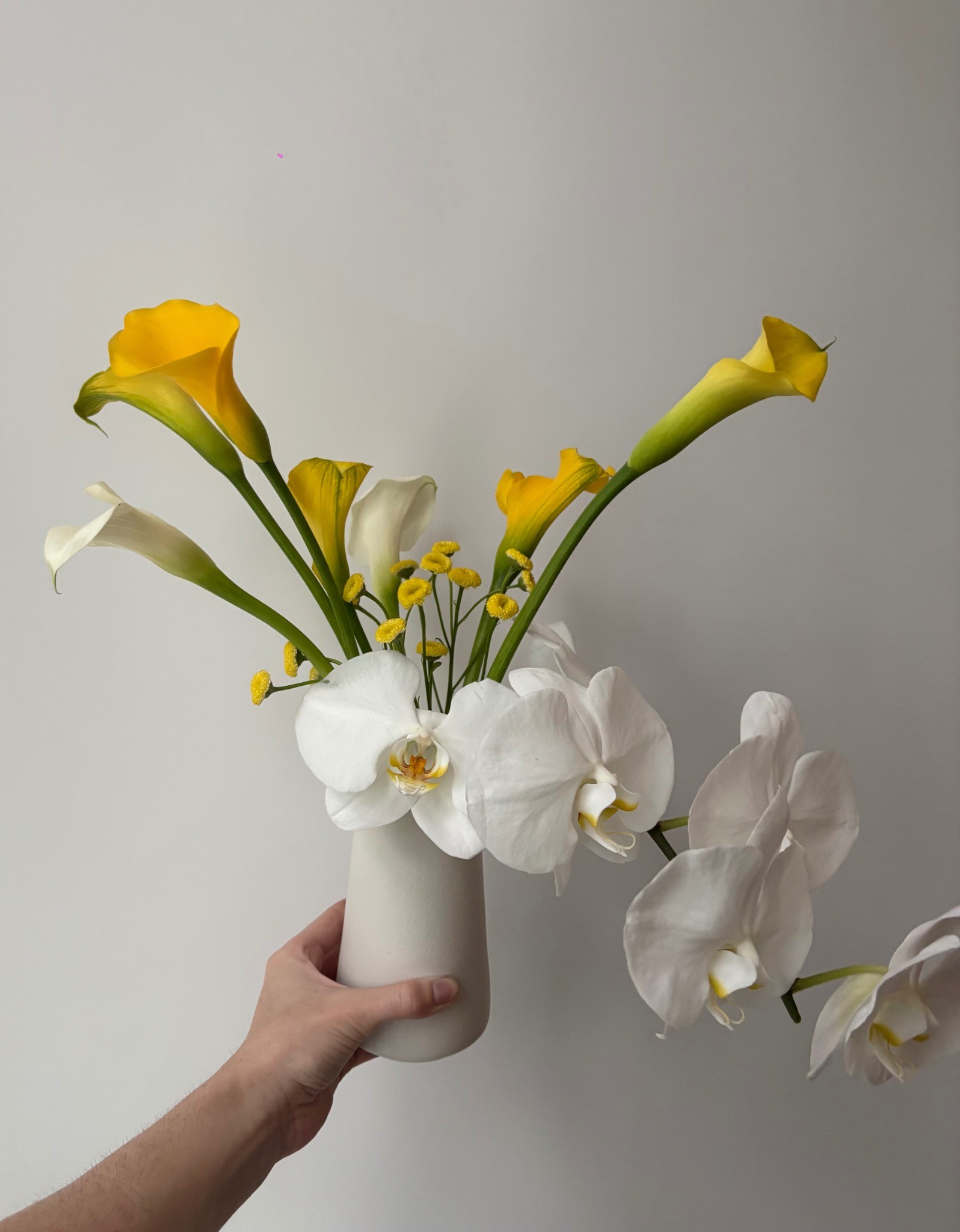 Yellow calla lily and white orchid modern floral arrangement by Wilted NYC